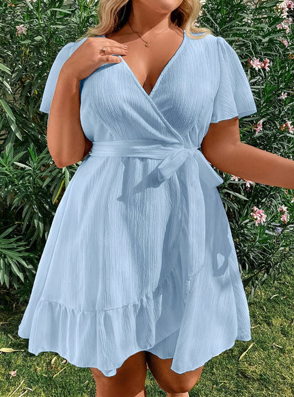 jkthpu-45 Plus Size, Plus Size Women's A-Line Dress - V-Neck Short Sleeve Cross-Over Beach Dress with Ruffled Hem & Smock Waist, Flared for Resort Wear, Vacation Outfits, Casual to Dressy Events (Machine Washable) - All-Season Blue Dress