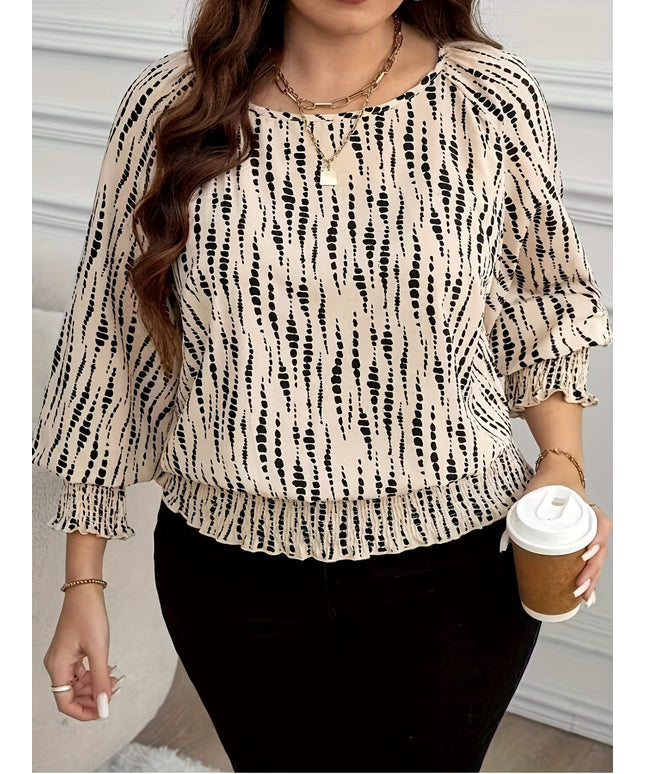 KissICON Plus Size, Plus Size Women's Autumn/Winter Long Sleeve Top, Elegant Polka Dot Print Fashion Lantern Cuff Loose-Fit Flattering Round Neck Pullover in Comfortable Fabric for Daily Commute and Date, Winter Wear, Office Attire, L