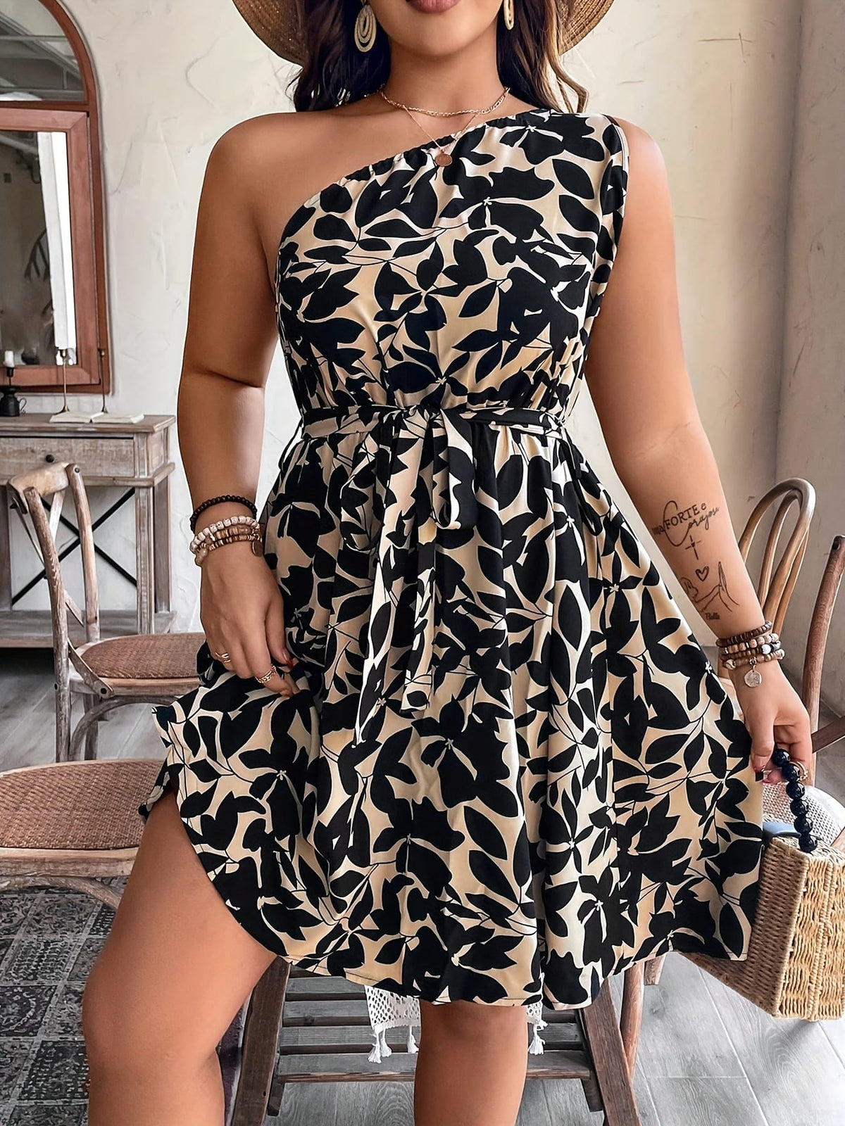 jkthpu-45 Plus Size, Plus Size Women's Bohemian Floral Print Sleeveless Dress with Asymmetric Shoulder Neckline & Waist Belt - Lightweight Summer Casual Elegant Outfit, Machine Washable
