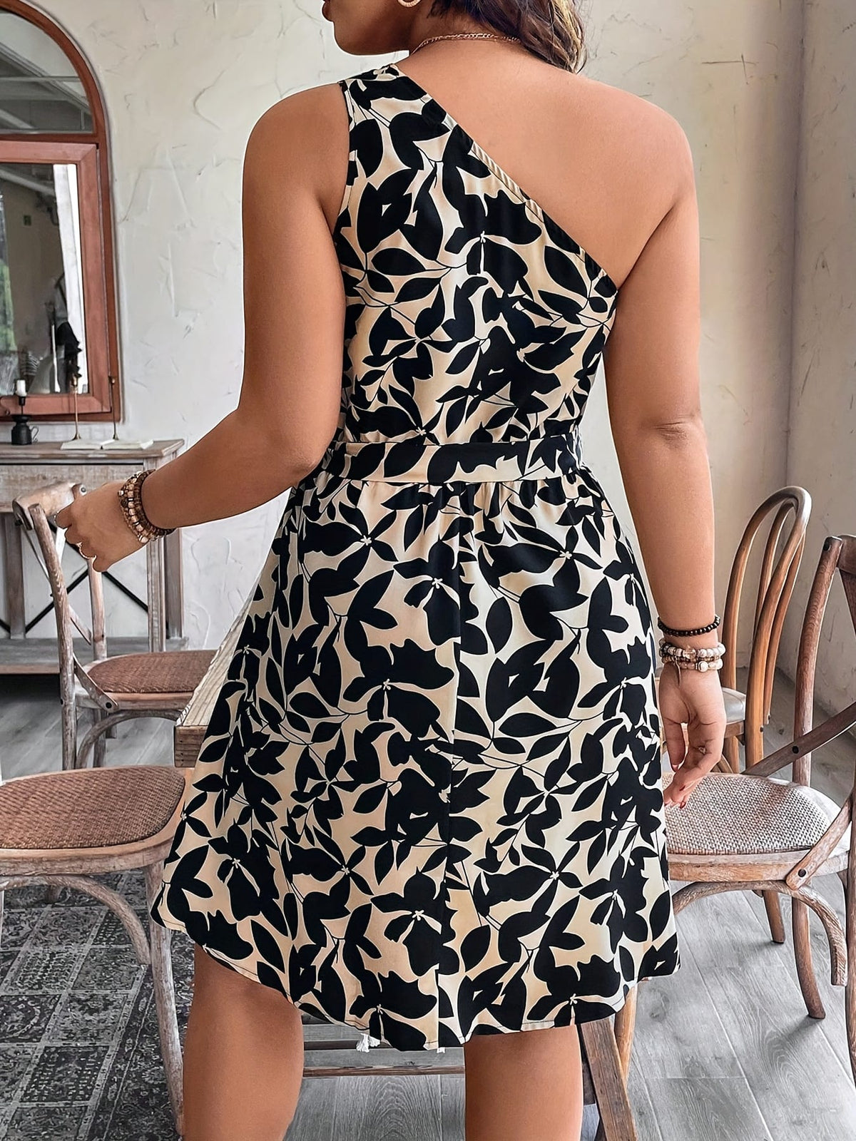 jkthpu-45 Plus Size, Plus Size Women's Bohemian Floral Print Sleeveless Dress with Asymmetric Shoulder Neckline & Waist Belt - Lightweight Summer Casual Elegant Outfit, Machine Washable
