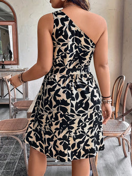 jkthpu-45 Plus Size, Plus Size Women's Bohemian Floral Print Sleeveless Dress with Asymmetric Shoulder Neckline & Waist Belt - Lightweight Summer Casual Elegant Outfit, Machine Washable