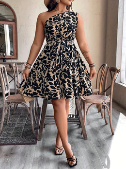 jkthpu-45 Plus Size, Plus Size Women's Bohemian Floral Print Sleeveless Dress with Asymmetric Shoulder Neckline & Waist Belt - Lightweight Summer Casual Elegant Outfit, Machine Washable