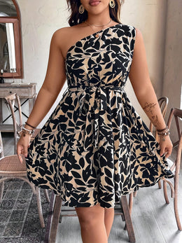 jkthpu-45 Plus Size, Plus Size Women's Bohemian Floral Print Sleeveless Dress with Asymmetric Shoulder Neckline & Waist Belt - Lightweight Summer Casual Elegant Outfit, Machine Washable