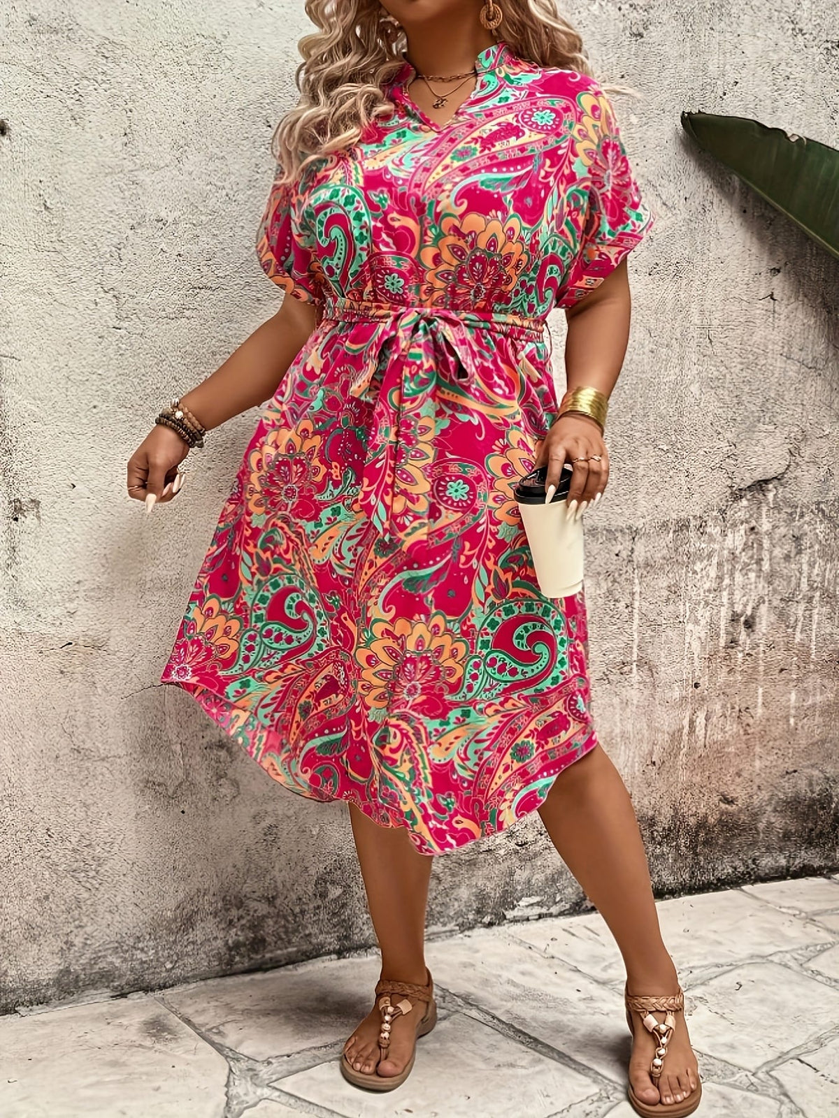 jkthpu-45 Plus Size - Plus Size Women'S Bohemian Print V-Neck Midi Dress - Short Sleeve, Tie Waist, Loose Fit, Geometric Pattern, Summer Casual Outing & Vacation Dress, Casual Summer Dresses, Bohemian Style, Comfortable Fit