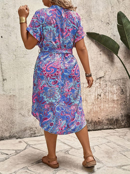 jkthpu-45 Plus Size - Plus Size Women'S Bohemian Print V-Neck Midi Dress - Short Sleeve, Tie Waist, Loose Fit, Geometric Pattern, Summer Casual Outing & Vacation Dress, Casual Summer Dresses, Bohemian Style, Comfortable Fit