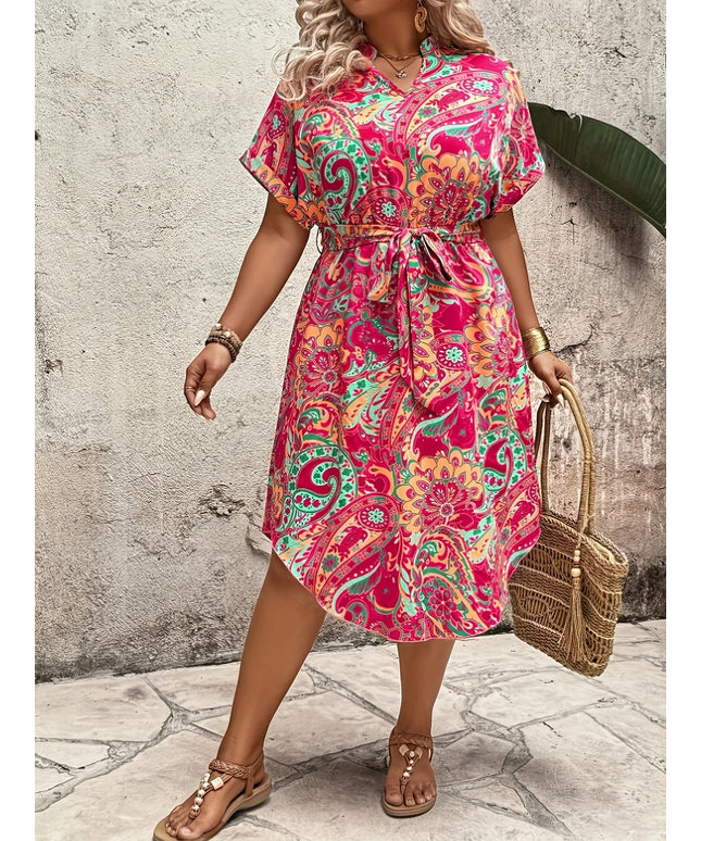 jkthpu-45 Plus Size - Plus Size Women'S Bohemian Print V-Neck Midi Dress - Short Sleeve, Tie Waist, Loose Fit, Geometric Pattern, Summer Casual Outing & Vacation Dress, Casual Summer Dresses, Bohemian Style, Comfortable Fit