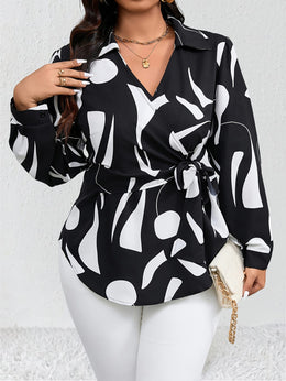KissICON Plus Size - Plus Size Women'S Casual Shirt - Black & White Geometric Pattern, Long Sleeve, Button-Up with Tie Waist, Lightweight Non-Stretch Fabric, All-Season Versatile Top for Casual Attire, Versatile Fashion | Geometric Pa