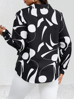 KissICON Plus Size - Plus Size Women'S Casual Shirt - Black & White Geometric Pattern, Long Sleeve, Button-Up with Tie Waist, Lightweight Non-Stretch Fabric, All-Season Versatile Top for Casual Attire, Versatile Fashion | Geometric Pa