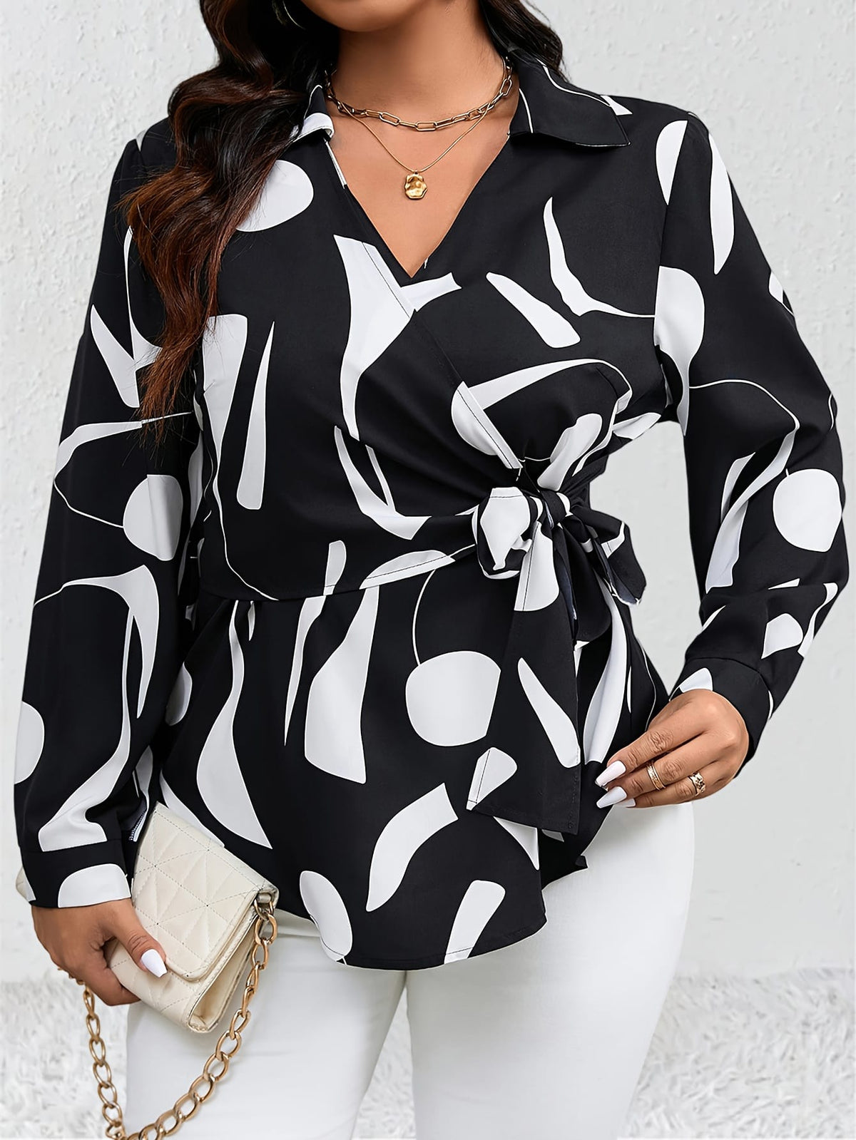 KissICON Plus Size - Plus Size Women'S Casual Shirt - Black & White Geometric Pattern, Long Sleeve, Button-Up with Tie Waist, Lightweight Non-Stretch Fabric, All-Season Versatile Top for Casual Attire, Versatile Fashion | Geometric Pa