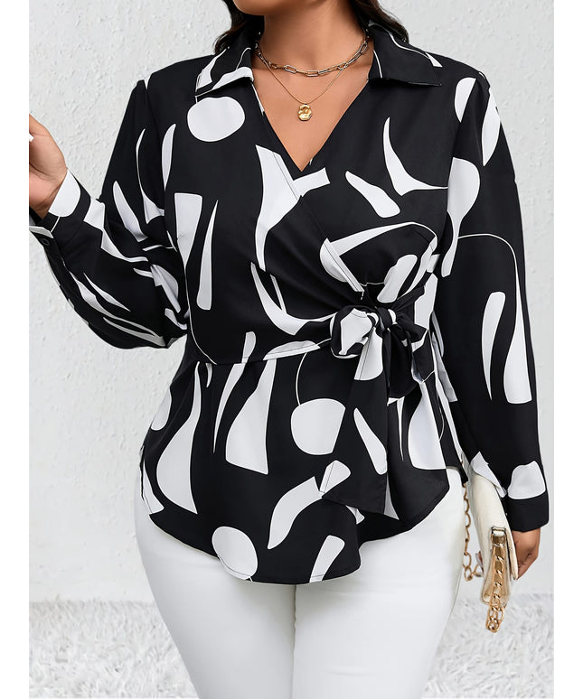 KissICON Plus Size - Plus Size Women'S Casual Shirt - Black & White Geometric Pattern, Long Sleeve, Button-Up with Tie Waist, Lightweight Non-Stretch Fabric, All-Season Versatile Top for Casual Attire, Versatile Fashion | Geometric Pa