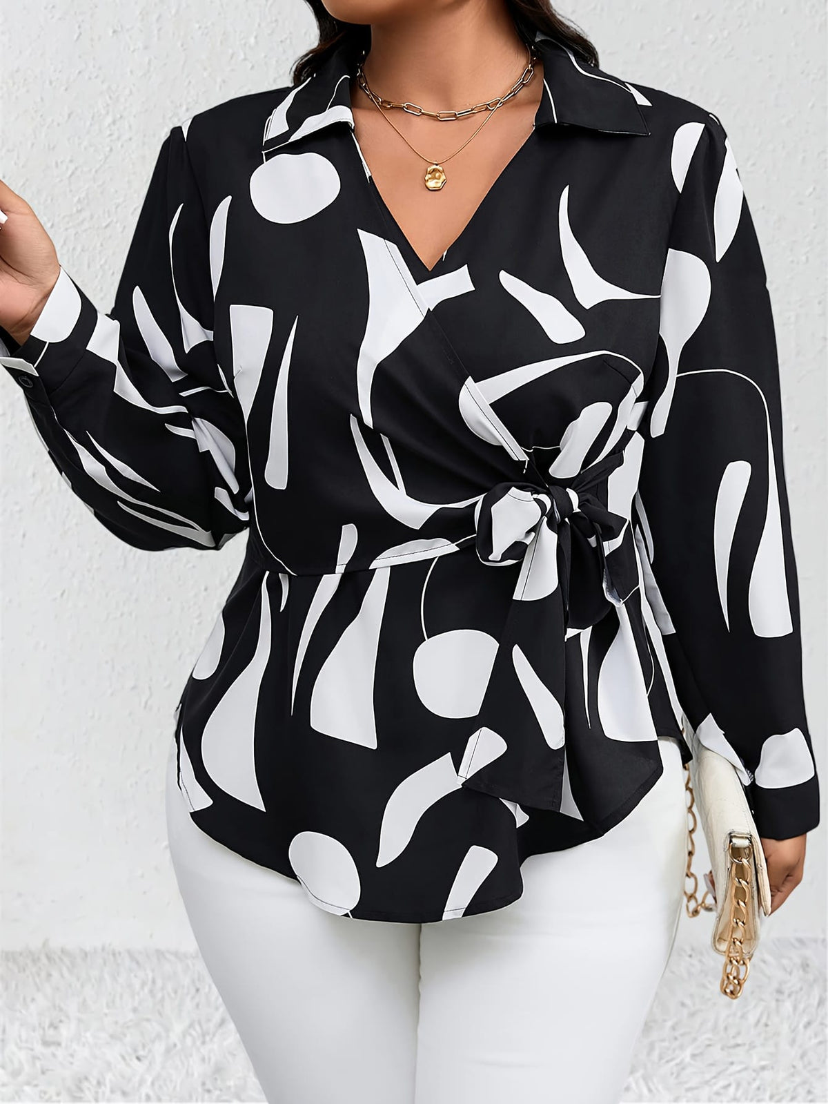 KissICON Plus Size - Plus Size Women'S Casual Shirt - Black & White Geometric Pattern, Long Sleeve, Button-Up with Tie Waist, Lightweight Non-Stretch Fabric, All-Season Versatile Top for Casual Attire, Versatile Fashion | Geometric Pa