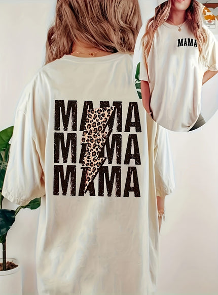 KissICON Plus Size - Plus Size Women'S Casual T-Shirt - "MAMA" Graphic Print, Crew Neck, Short Sleeve, Soft Polyester Blend, Black with White Lettering, Comfortable & Stylish for Casual Attire