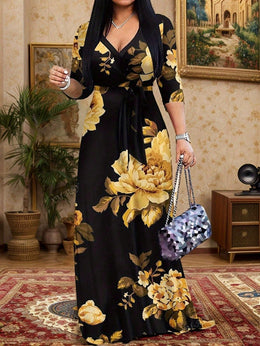 jkthpu-45 Plus Size - Plus Size Women'S Casual V-Neck Long Dress with Pockets - Black & Golden Floral Print, Loose Fit, All-Season Comfort, Casual Attire, Comfortable Fashion, Elegant Design