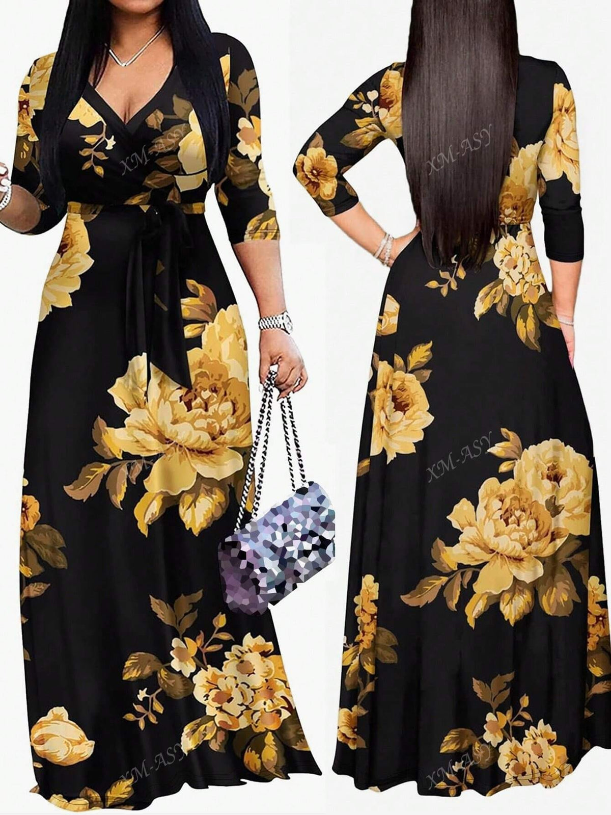 jkthpu-45 Plus Size - Plus Size Women'S Casual V-Neck Long Dress with Pockets - Black & Golden Floral Print, Loose Fit, All-Season Comfort, Casual Attire, Comfortable Fashion, Elegant Design