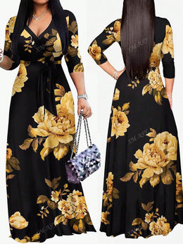 jkthpu-45 Plus Size - Plus Size Women'S Casual V-Neck Long Dress with Pockets - Black & Golden Floral Print, Loose Fit, All-Season Comfort, Casual Attire, Comfortable Fashion, Elegant Design