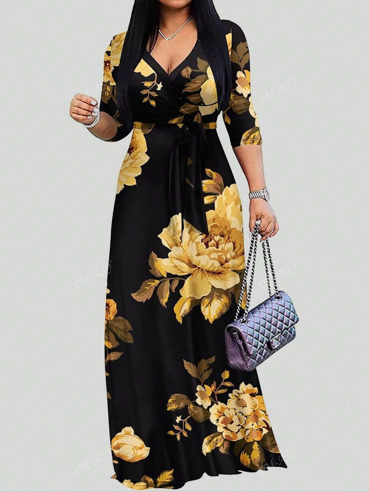 jkthpu-45 Plus Size - Plus Size Women'S Casual V-Neck Long Dress with Pockets - Black & Golden Floral Print, Loose Fit, All-Season Comfort, Casual Attire, Comfortable Fashion, Elegant Design