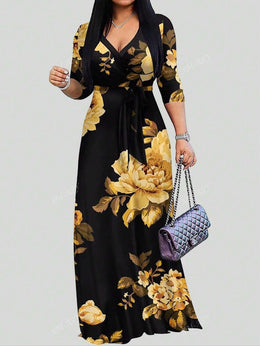 jkthpu-45 Plus Size - Plus Size Women'S Casual V-Neck Long Dress with Pockets - Black & Golden Floral Print, Loose Fit, All-Season Comfort, Casual Attire, Comfortable Fashion, Elegant Design