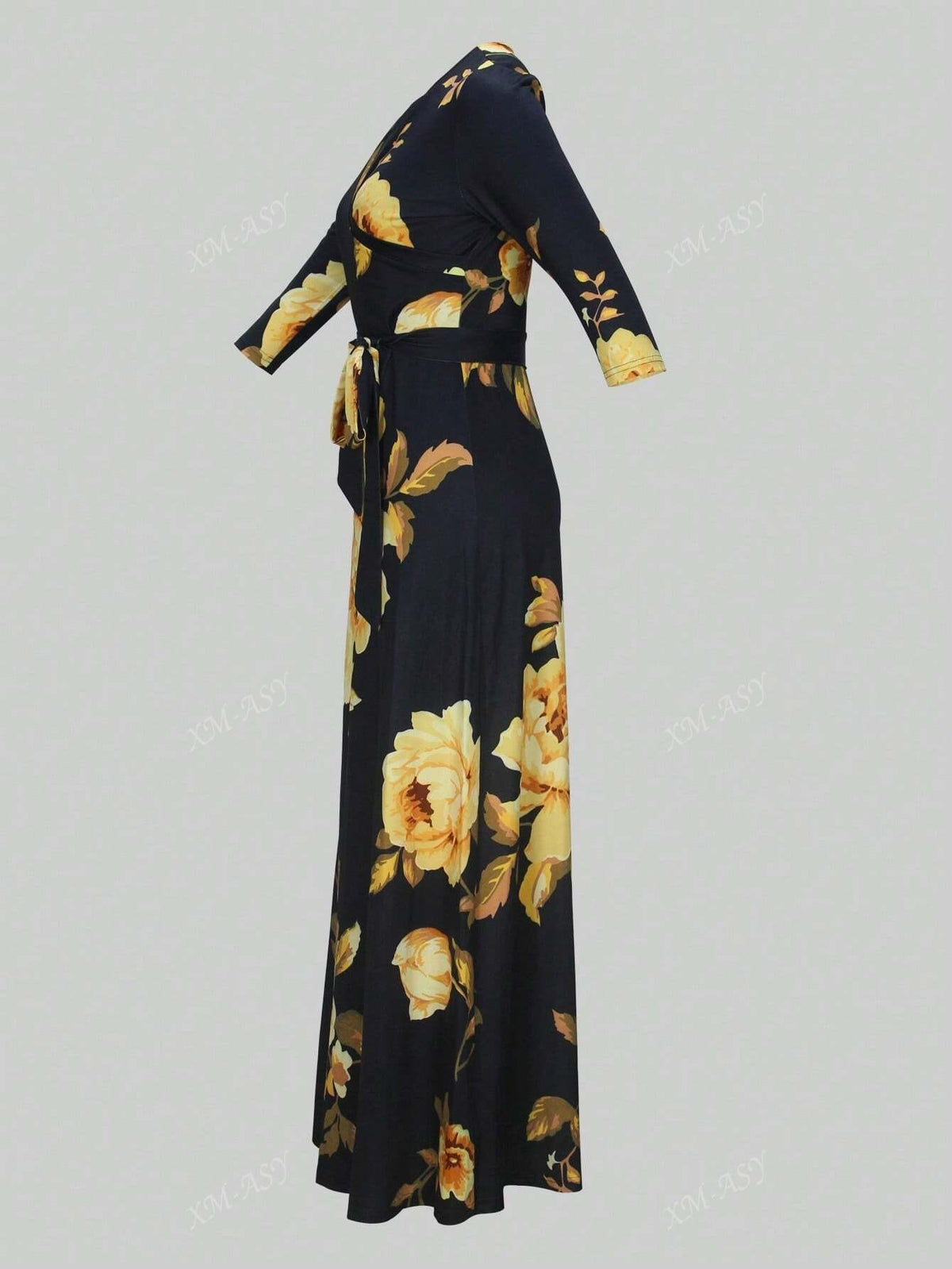 jkthpu-45 Plus Size - Plus Size Women'S Casual V-Neck Long Dress with Pockets - Black & Golden Floral Print, Loose Fit, All-Season Comfort, Casual Attire, Comfortable Fashion, Elegant Design