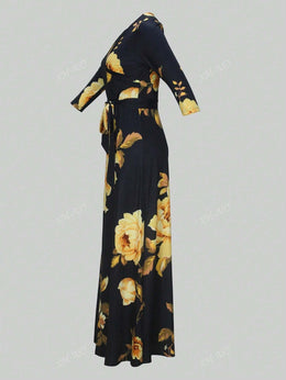 jkthpu-45 Plus Size - Plus Size Women'S Casual V-Neck Long Dress with Pockets - Black & Golden Floral Print, Loose Fit, All-Season Comfort, Casual Attire, Comfortable Fashion, Elegant Design