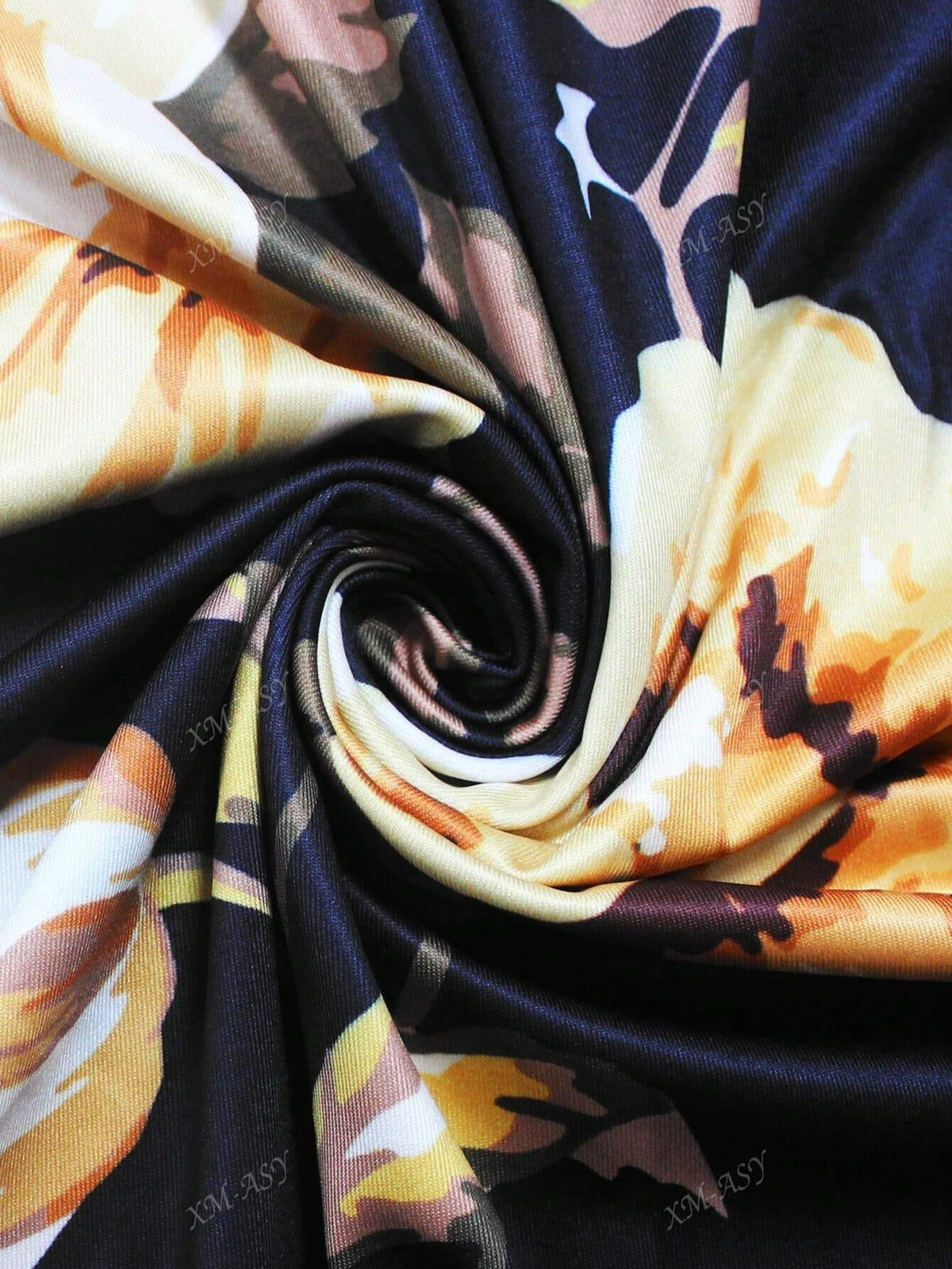 jkthpu-45 Plus Size - Plus Size Women'S Casual V-Neck Long Dress with Pockets - Black & Golden Floral Print, Loose Fit, All-Season Comfort, Casual Attire, Comfortable Fashion, Elegant Design