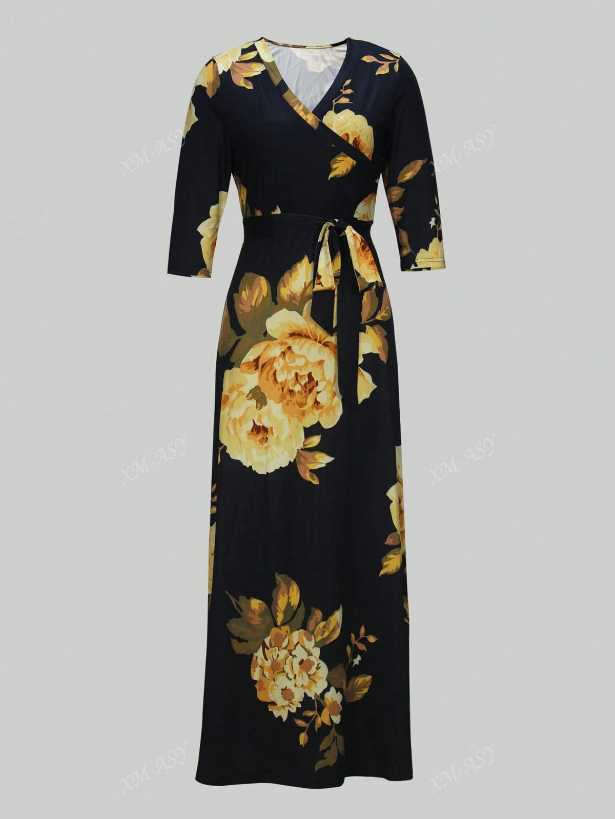 jkthpu-45 Plus Size - Plus Size Women'S Casual V-Neck Long Dress with Pockets - Black & Golden Floral Print, Loose Fit, All-Season Comfort, Casual Attire, Comfortable Fashion, Elegant Design