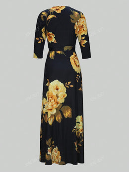 jkthpu-45 Plus Size - Plus Size Women'S Casual V-Neck Long Dress with Pockets - Black & Golden Floral Print, Loose Fit, All-Season Comfort, Casual Attire, Comfortable Fashion, Elegant Design