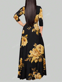 jkthpu-45 Plus Size - Plus Size Women'S Casual V-Neck Long Dress with Pockets - Black & Golden Floral Print, Loose Fit, All-Season Comfort, Casual Attire, Comfortable Fashion, Elegant Design