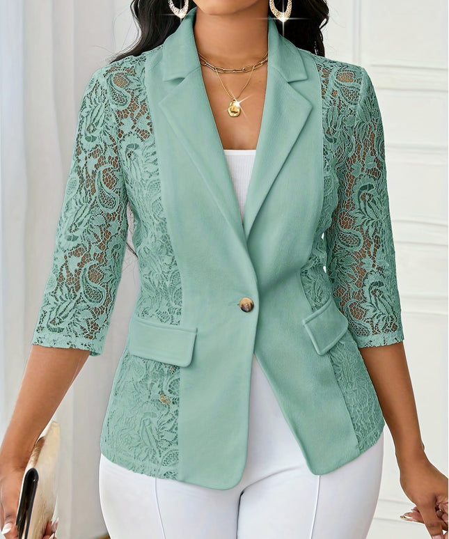 jkthpu-45 Plus Size, Plus Size Women's Contrast Lace Panel Three-Quarter Sleeve Blazer - Lightweight Notch Lapel Jacket with Faux Pockets, Machine Washable Casual Office Wear, Versatile Outerwear, Elegant Design, Comfortable Fit, Professional Women, Workwear Essent
