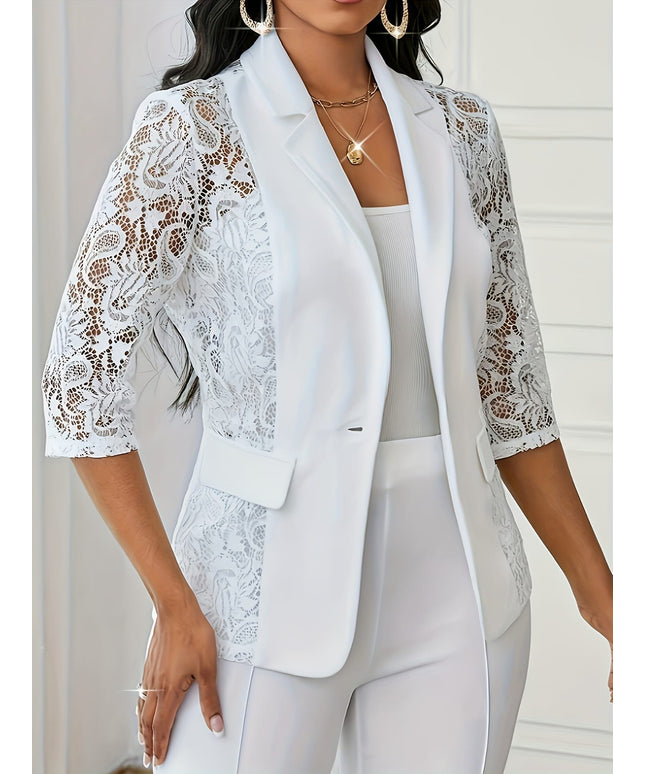 jkthpu-45 Plus Size, Plus Size Women's Contrast Lace Panel Three-Quarter Sleeve Blazer - Lightweight Notch Lapel Jacket with Faux Pockets, Machine Washable Casual Office Wear, Versatile Outerwear, Elegant Design, Comfortable Fit, Professional Women, Workwear Essent