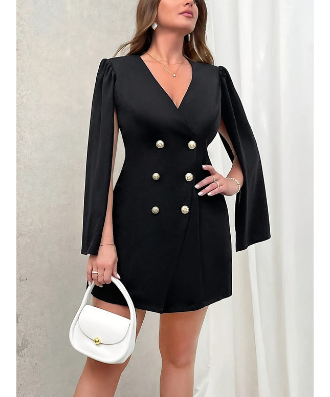 jkthpu-45 Plus Size - Plus-Size Women'S Dress for Autumn And Winter, Solid Color Suit Style, Elegant And Fashionable, Fitted Double-Breasted V-Neck Long-Sleeve Short Dress, Suitable for Formal Work in The Office.