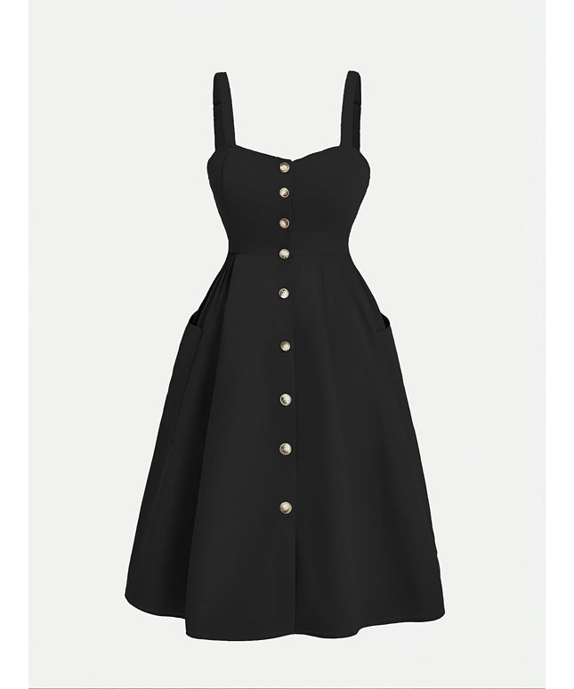 jkthpu-45 Plus Size - Plus Size - Women'S Elegant Black Fitted Dress with Front Button Closure & Pockets - Sleeveless Ruched Waist, Cinched Back, and Flared Skirt for Spring/Summer, Casual to Formal Wear, Casual Attire | Ruched Waist Dress | Nonstretch Fabric