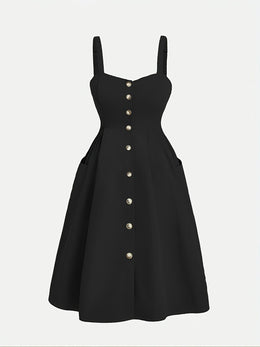 jkthpu-45 Plus Size - Plus Size - Women'S Elegant Black Fitted Dress with Front Button Closure & Pockets - Sleeveless Ruched Waist, Cinched Back, and Flared Skirt for Spring/Summer, Casual to Formal Wear, Casual Attire | Ruched Waist Dress | Nonstretch Fabric