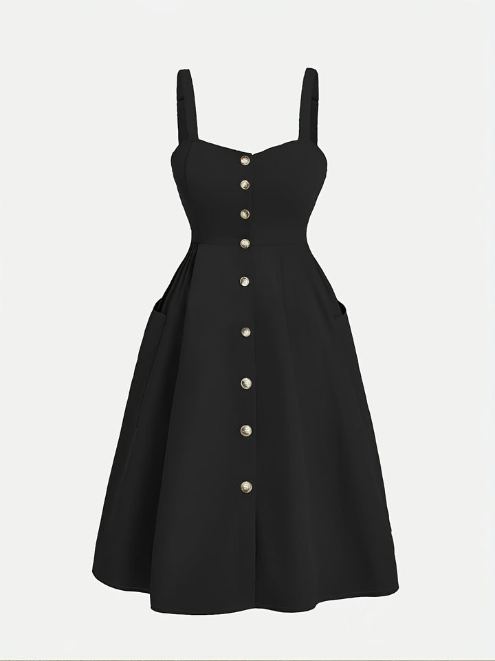 Plus Size - Plus Size - Women'S Elegant Black Fitted Dress with Front Button Closure & Pockets - Sleeveless Ruched Waist, Cinched Back, and Flared Skirt for Spring/Summer, Casual to Formal Wear, Casual Attire | Ruched Waist Dress | Nonstretch Fabric