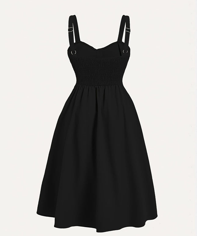 jkthpu-45 Plus Size - Plus Size - Women'S Elegant Black Fitted Dress with Front Button Closure & Pockets - Sleeveless Ruched Waist, Cinched Back, and Flared Skirt for Spring/Summer, Casual to Formal Wear, Casual Attire | Ruched Waist Dress | Nonstretch Fabric