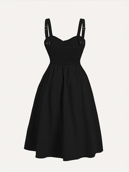 jkthpu-45 Plus Size - Plus Size - Women'S Elegant Black Fitted Dress with Front Button Closure & Pockets - Sleeveless Ruched Waist, Cinched Back, and Flared Skirt for Spring/Summer, Casual to Formal Wear, Casual Attire | Ruched Waist Dress | Nonstretch Fabric