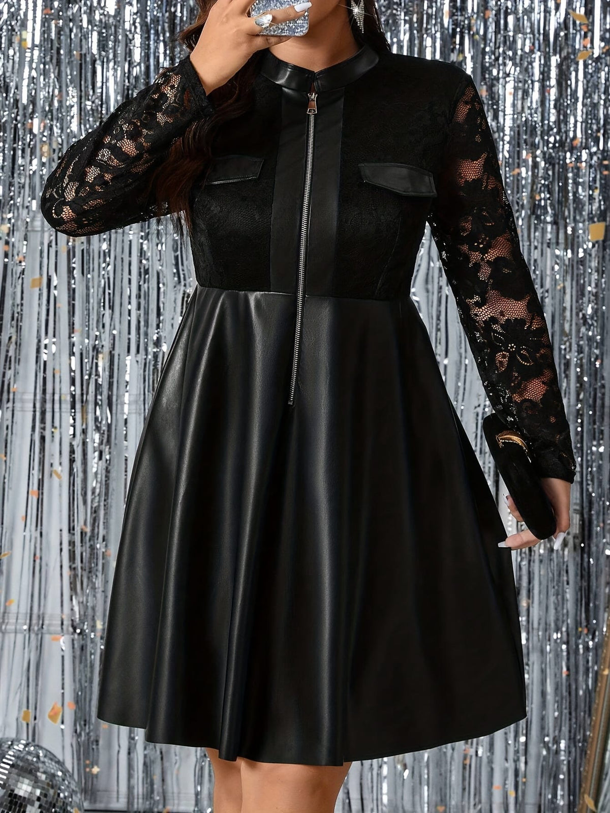 jkthpu-45 Plus Size - Plus Size, Women'S Elegant Black Lace Sleeve dress - Formal to Casual Chic Outfit, Flattering A-Line Silhouette, Easy-Care Everyday & Evening Wear for Parties, Office, Dates - Women'S Fashion Dress, Party Attire, Sophisticated Style, Office At