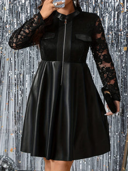 jkthpu-45 Plus Size - Plus Size, Women'S Elegant Black Lace Sleeve dress - Formal to Casual Chic Outfit, Flattering A-Line Silhouette, Easy-Care Everyday & Evening Wear for Parties, Office, Dates - Women'S Fashion Dress, Party Attire, Sophisticated Style, Office At