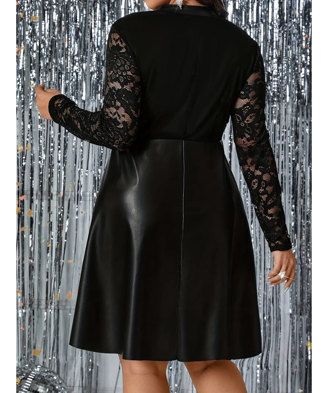 jkthpu-45 Plus Size - Plus Size, Women'S Elegant Black Lace Sleeve dress - Formal to Casual Chic Outfit, Flattering A-Line Silhouette, Easy-Care Everyday & Evening Wear for Parties, Office, Dates - Women'S Fashion Dress, Party Attire, Sophisticated Style, Office At