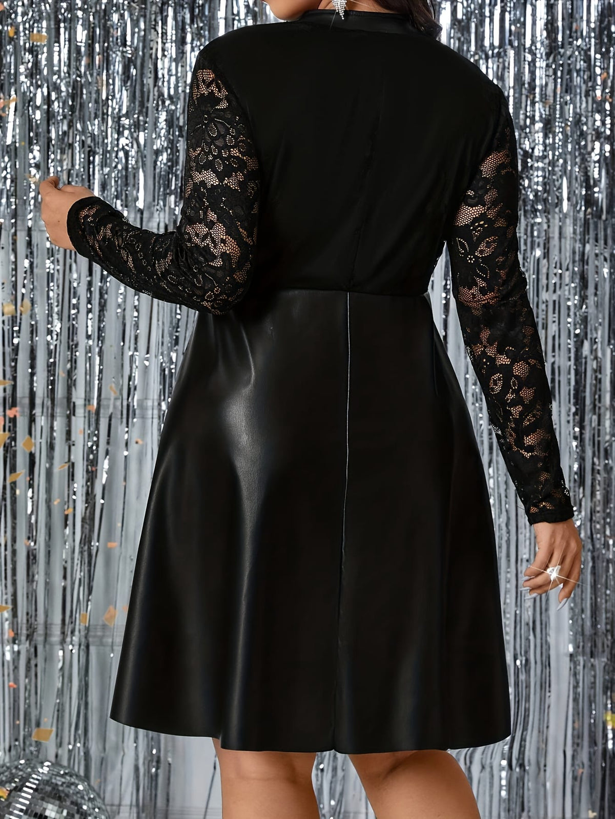 jkthpu-45 Plus Size - Plus Size, Women'S Elegant Black Lace Sleeve dress - Formal to Casual Chic Outfit, Flattering A-Line Silhouette, Easy-Care Everyday & Evening Wear for Parties, Office, Dates - Women'S Fashion Dress, Party Attire, Sophisticated Style, Office At