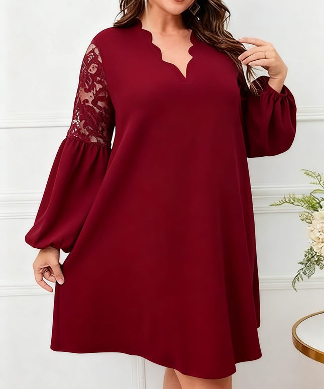 jkthpu-45 Plus Size - Plus Size, Women'S Elegant Burgundy Formal & Everyday dress - Long Sleeve V-Neck, Flared Hem, Non-Stretchy fabric for Wedding, Party, Office - Plus Size Friendly Elegant Evening gown, Wedding Guest Attire, Lace Detailing, Aline Silhouette, Pul