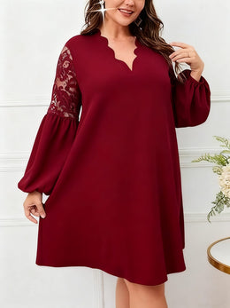 jkthpu-45 Plus Size - Plus Size, Women'S Elegant Burgundy Formal & Everyday dress - Long Sleeve V-Neck, Flared Hem, Non-Stretchy fabric for Wedding, Party, Office - Plus Size Friendly Elegant Evening gown, Wedding Guest Attire, Lace Detailing, Aline Silhouette, Pul