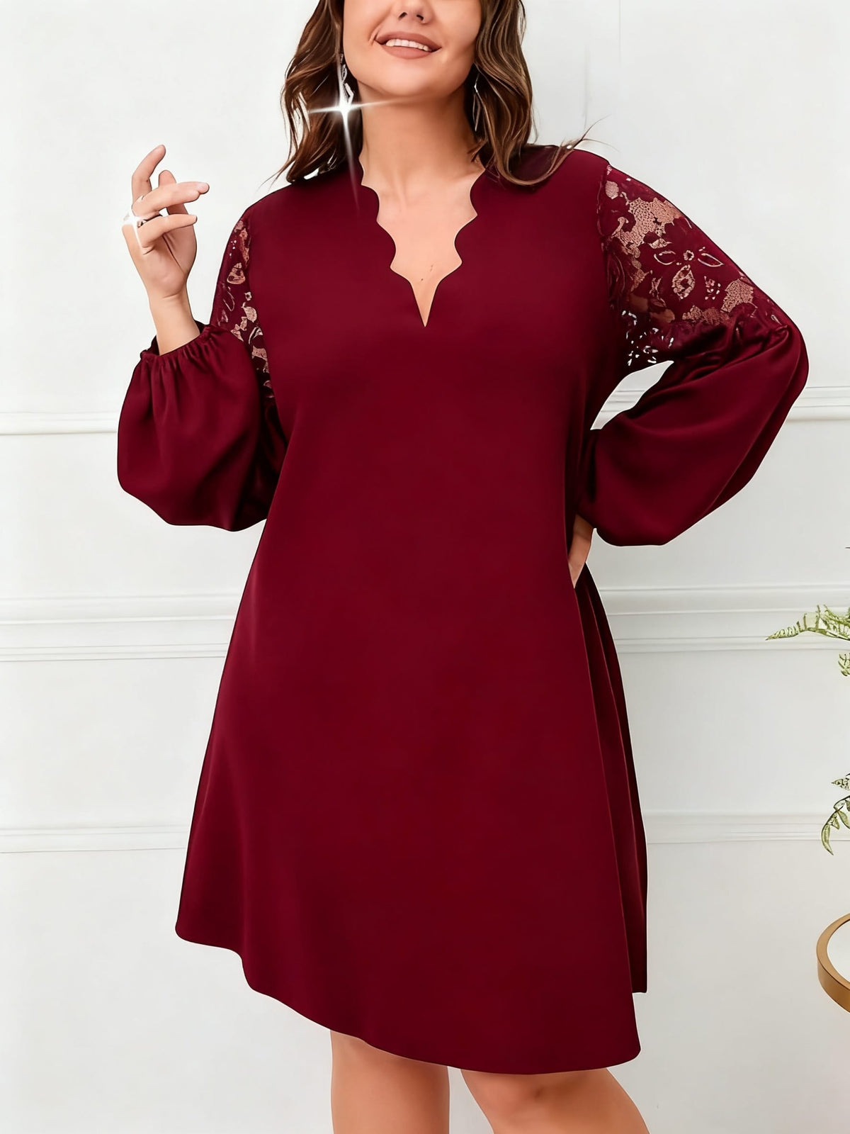 jkthpu-45 Plus Size - Plus Size, Women'S Elegant Burgundy Formal & Everyday dress - Long Sleeve V-Neck, Flared Hem, Non-Stretchy fabric for Wedding, Party, Office - Plus Size Friendly Elegant Evening gown, Wedding Guest Attire, Lace Detailing, Aline Silhouette, Pul
