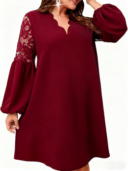 jkthpu-45 Plus Size - Plus Size, Women'S Elegant Burgundy Formal & Everyday dress - Long Sleeve V-Neck, Flared Hem, Non-Stretchy fabric for Wedding, Party, Office - Plus Size Friendly Elegant Evening gown, Wedding Guest Attire, Lace Detailing, Aline Silhouette, Pul