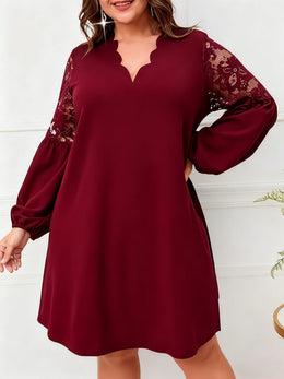 jkthpu-45 Plus Size - Plus Size, Women'S Elegant Burgundy Formal & Everyday dress - Long Sleeve V-Neck, Flared Hem, Non-Stretchy fabric for Wedding, Party, Office - Plus Size Friendly Elegant Evening gown, Wedding Guest Attire, Lace Detailing, Aline Silhouette, Pul