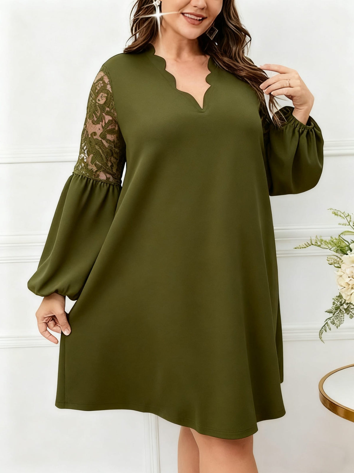 jkthpu-45 Plus Size - Plus Size, Women'S Elegant Burgundy Formal & Everyday dress - Long Sleeve V-Neck, Flared Hem, Non-Stretchy fabric for Wedding, Party, Office - Plus Size Friendly Elegant Evening gown, Wedding Guest Attire, Lace Detailing, Aline Silhouette, Pul