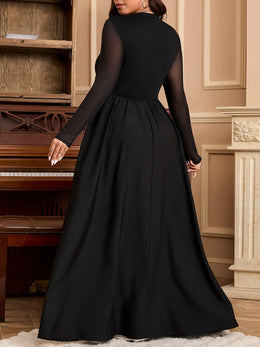 jkthpu-45 Plus Size, Plus Size Women's Elegant Floor-Length A-Line Maxi Dress with Puffed Short Sleeve & A-Line Hem - Floor-Length Formal Evening Gown, Solid Black Floor-Length Dress with Waist-Cinching, Machine Washable for Weddings, Galas, Proms - All-Season Luxu