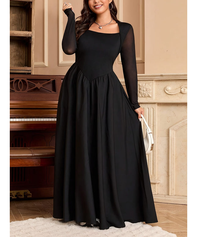 jkthpu-45 Plus Size, Plus Size Women's Elegant Floor-Length A-Line Maxi Dress with Puffed Short Sleeve & A-Line Hem - Floor-Length Formal Evening Gown, Solid Black Floor-Length Dress with Waist-Cinching, Machine Washable for Weddings, Galas, Proms - All-Season Luxu