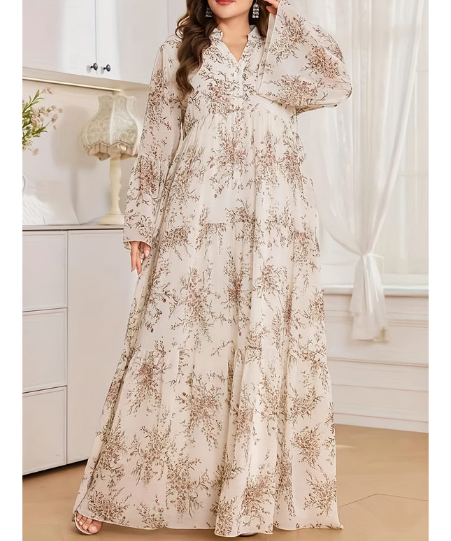 jkthpu-45 Plus Size - Plus Size, Women'S Elegant Floral maxi dress - Flowy Formal & Casual long gown, Non-Stretchy fabric, Button Front Closure, Plus Size Friendly, All-Season Party Wedding Everyday Outfit, Dresses for Wedding, Special Occasion Gown, Vneck Design,