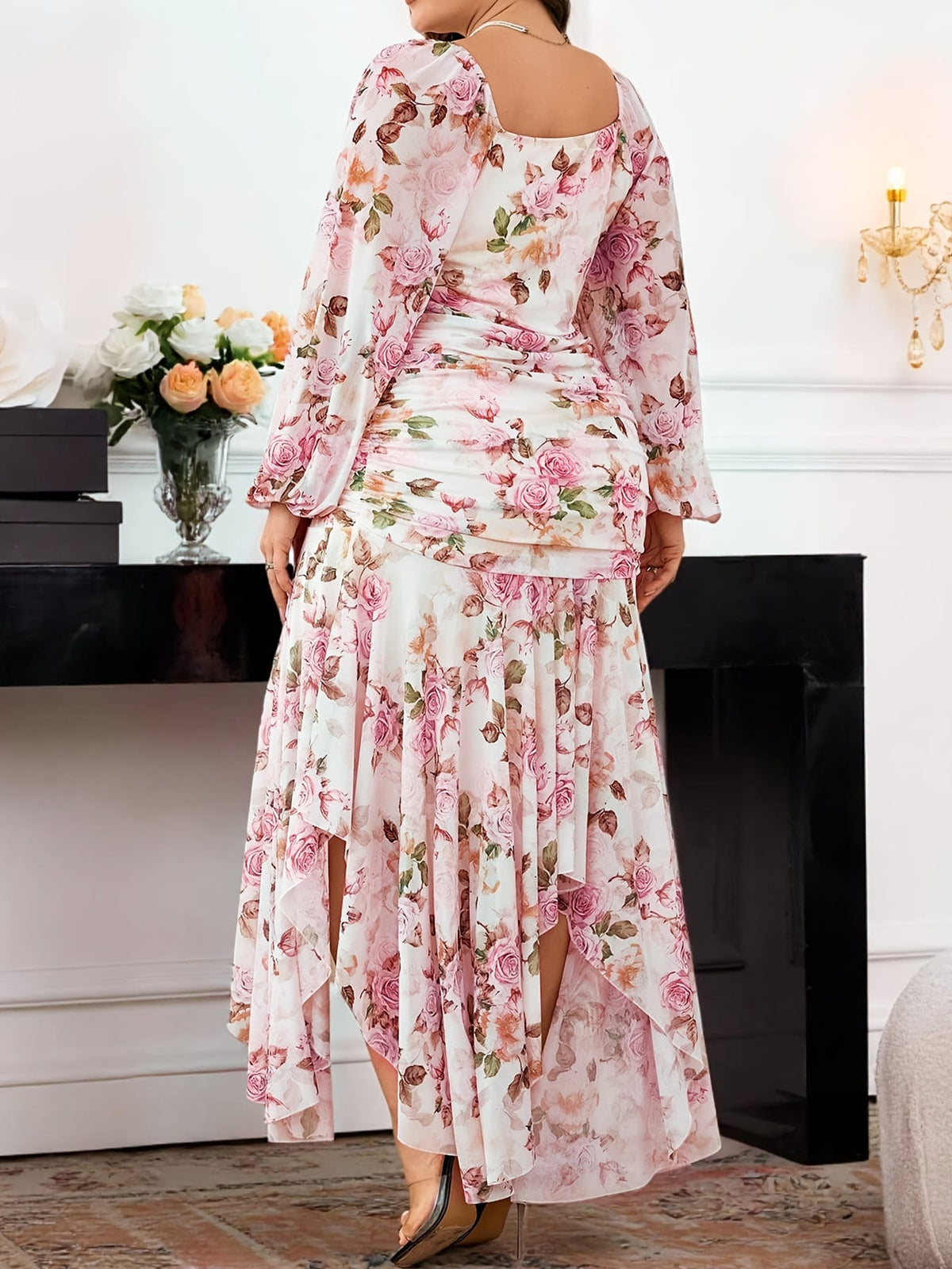 jkthpu-45 Plus Size - Plus Size, Women'S Elegant Floral maxi dress - Formal party & Wedding gown with Square Neck, Flowy flared hem, Flattering H-Line Silhouette - Pastel Floral print in Pink/White/Beige/ - All-Season Formal Attire - YZ308, Special Occasion, Lanter