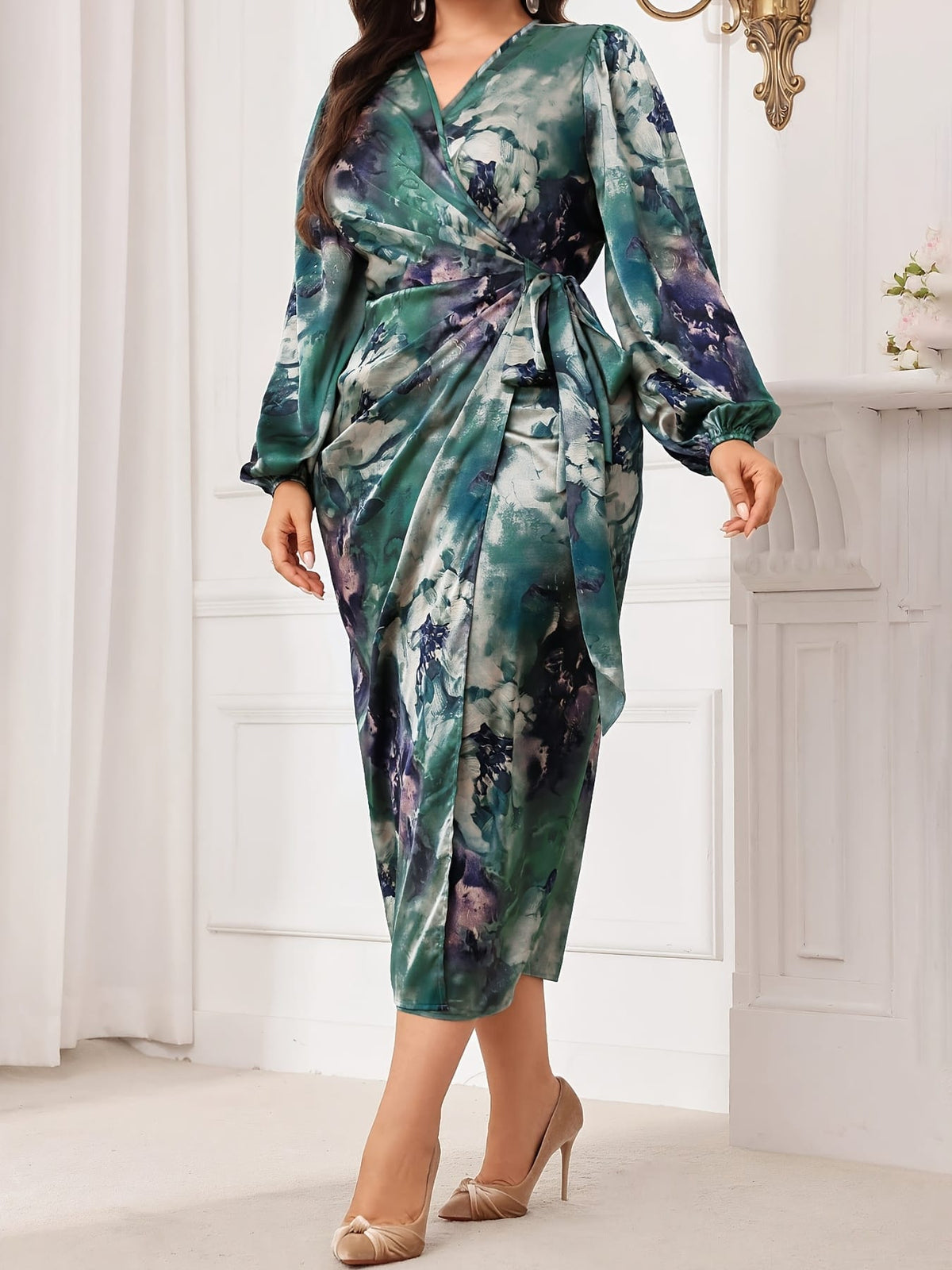 jkthpu-45 Plus Size, Plus Size Women's Elegant Floral Print Lantern Sleeve Dress with Cross Neckline & Adjustable Waist Tie - Long Sleeve Bodycon Maxi Dress for All-Season Wear, Machine Washable YZ281, Long Sleeve Maxi Dress, Stylish Occasions, Formal Attire, No St